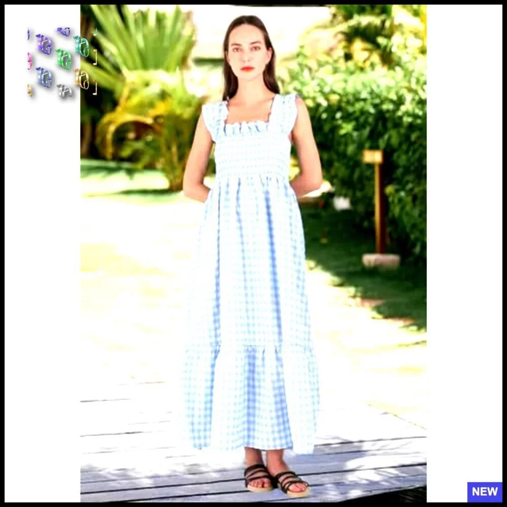 Retro Plaid Smocked Dress Spaghetti Strap Flounce Long A-Line Silhouette - Picture 2 of 7